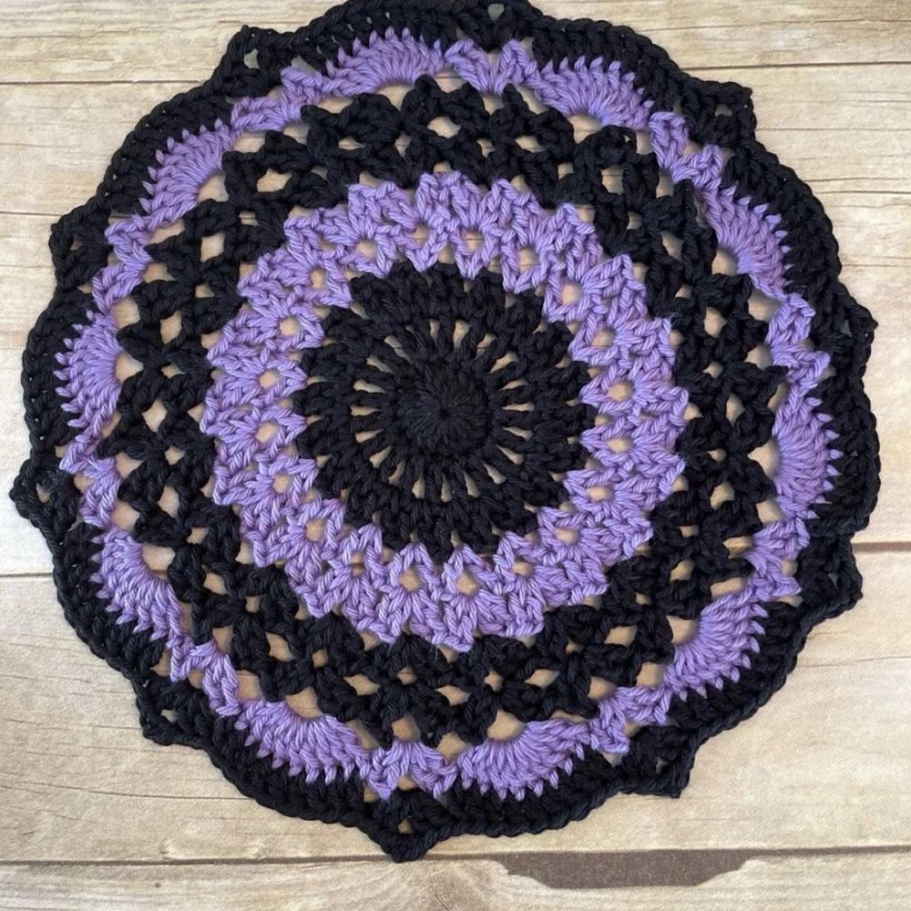 Halloween 12 Inch Crochet Doily Centerpiece Handmade Purple & Black